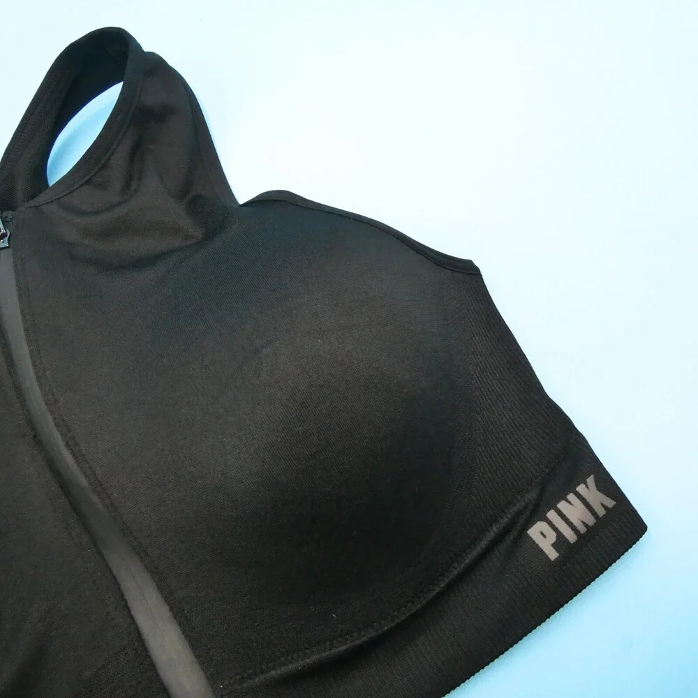 Victorias Secret Sports Bra Medium‎ Black PINK Active Seamless Air Front Zipper